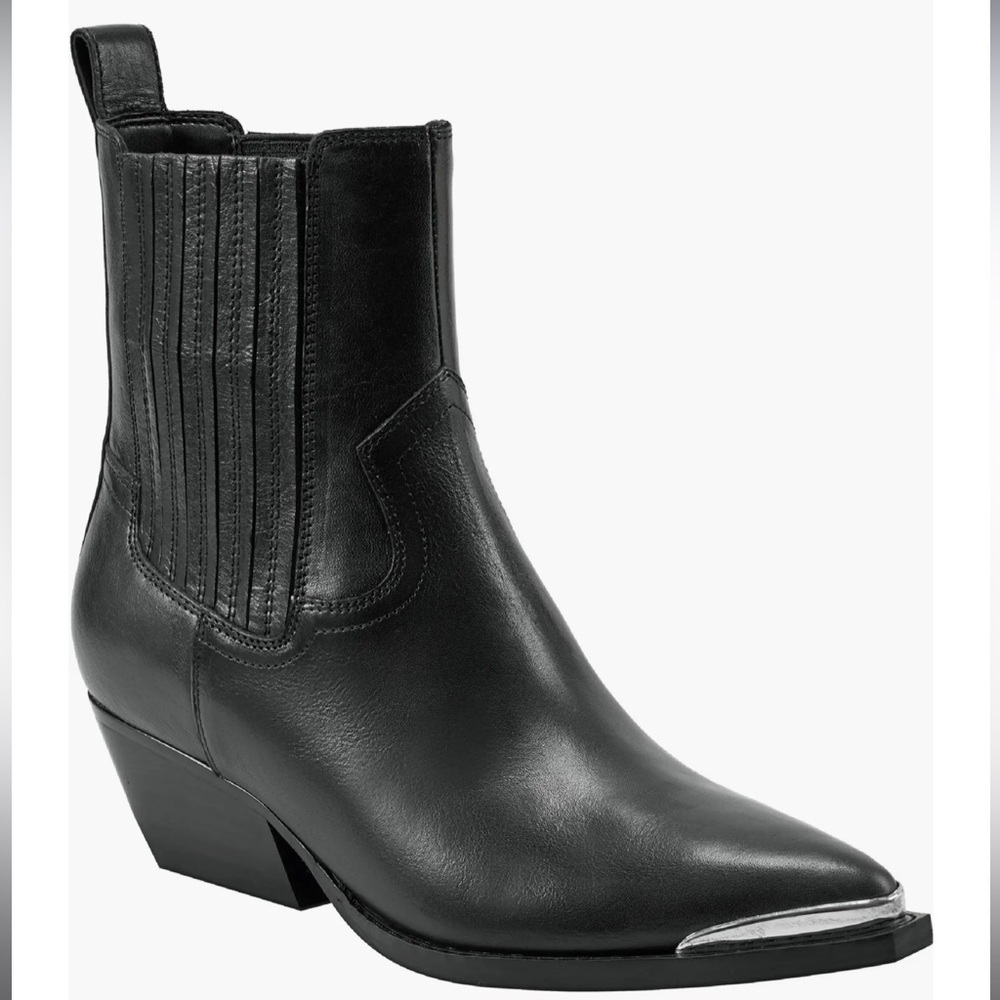 NEW Marc Fisher Black Pointed Western Ankle Boot with Silver Toe Cap